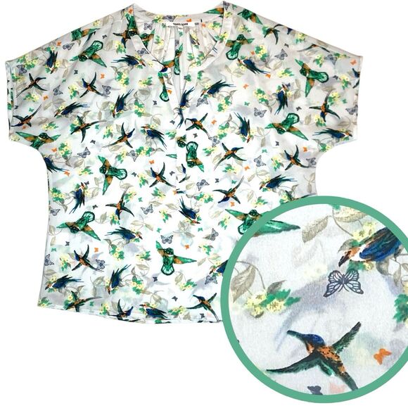 Sheer Hummingbird Blouse Womens L Bird Whimsical Office Casual Cottagecore Boho‎ - Picture 1 of 7